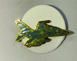 Green Fighter Jet Enamel Pin with Gold Trim Military Aircraft Lapel Pin on White Circle Background for Aviation Collectors